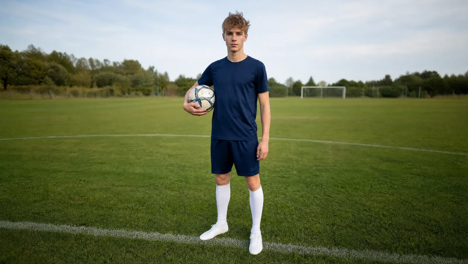 Young footballer holding a ball on a sunlit pitch